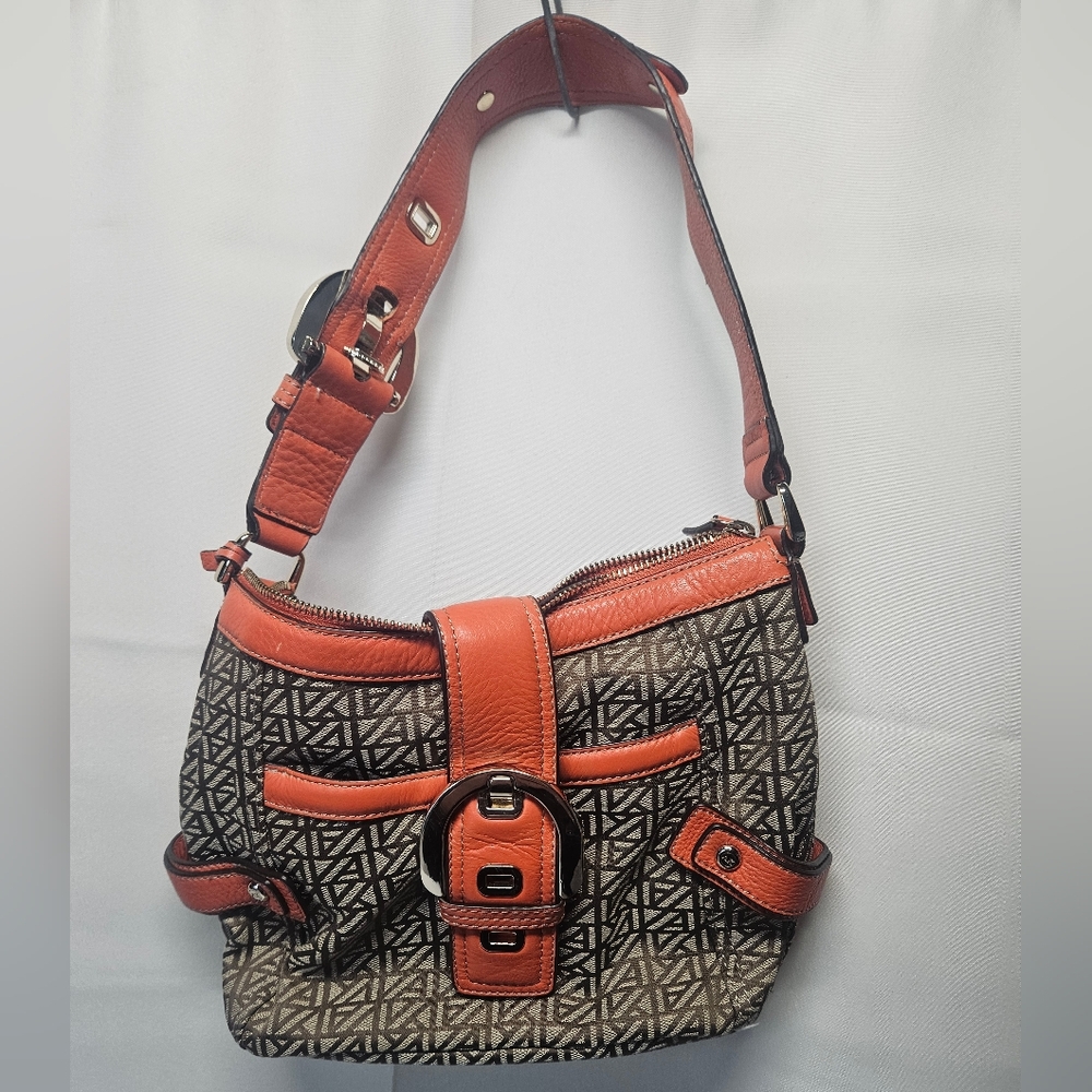 Anne Klein Logo Leather Trimmed Orange and Brown Women's Handbag
